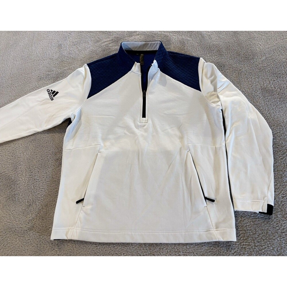 Adidas Mens L White Blue Cold Rdy Golf Fleece Lined 1/4 Zip Pullover
